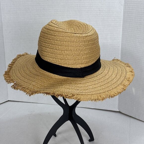 Fashion Hat Woven Sun Hat Fringed Grosgrain Ribbon Band NWT Tan Black 9034 - Picture 7 of 15